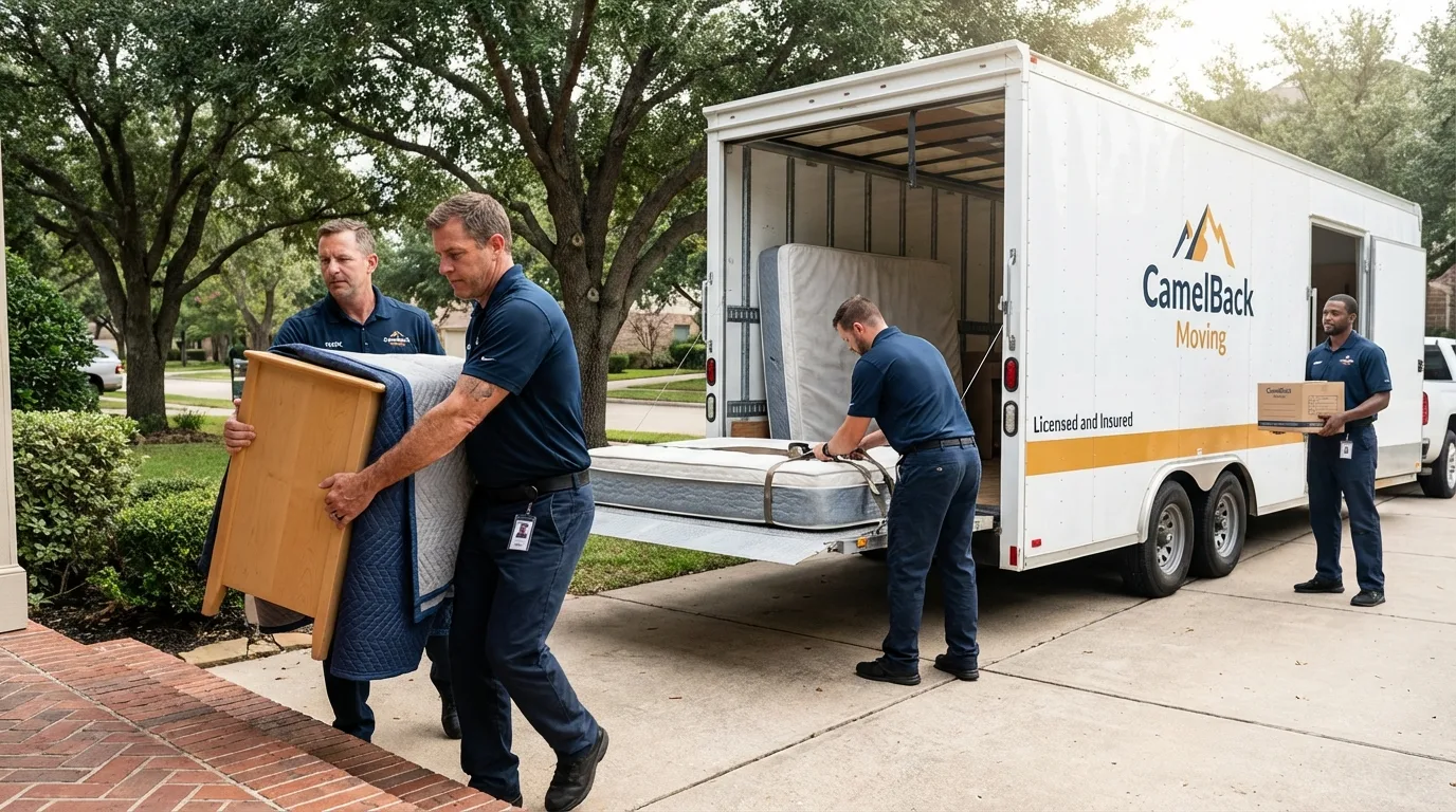 Crew loading residential truck for cross-state move from Gustine, CA