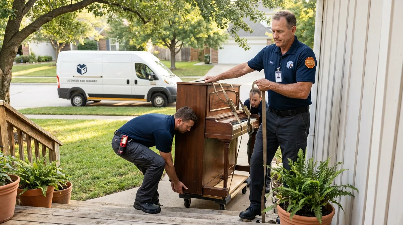 Licensed piano movers securing grand piano in Gustine, CA