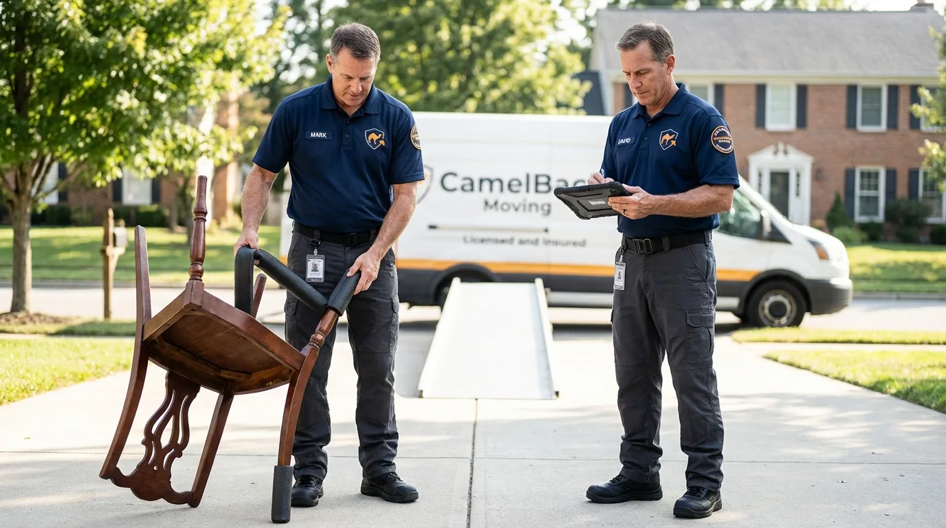 Movers inspecting furniture for damage prevention before loading in Gustine, CA