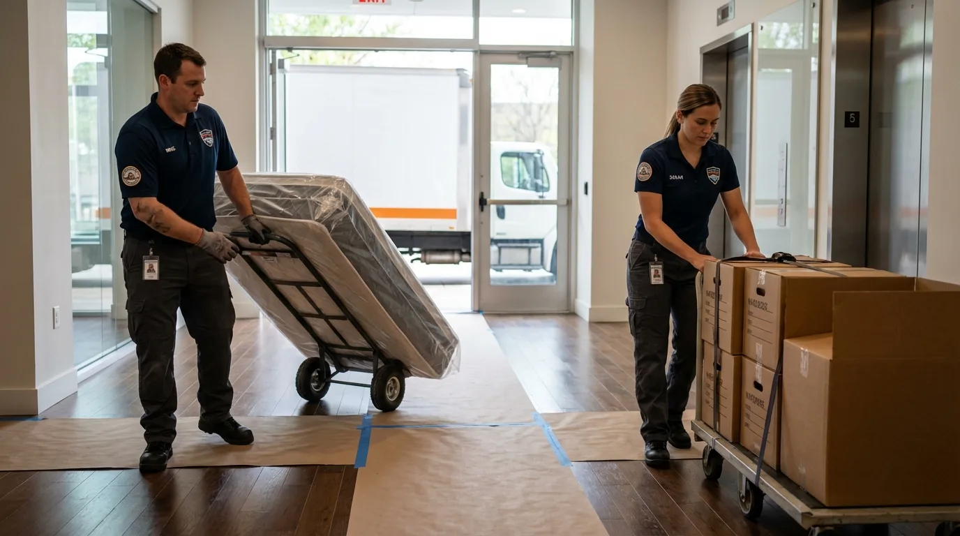 Professional apartment movers loading elevator in Gustine, CA
